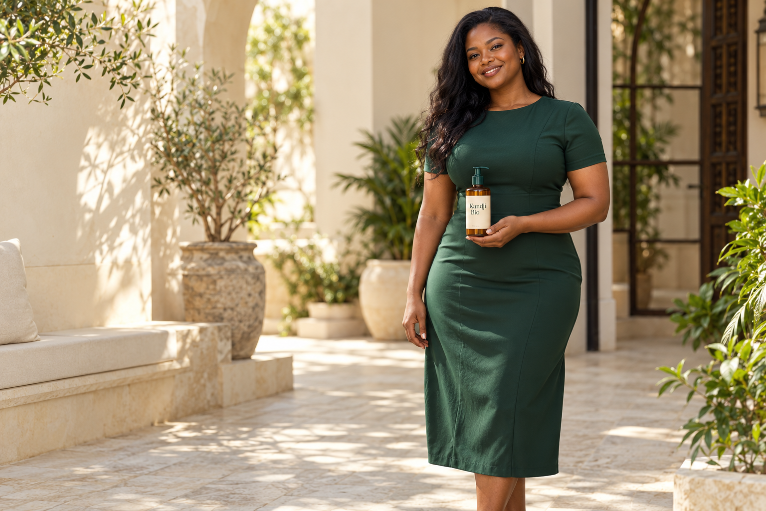Une femme noire en robe verte présente un flacon Kandji Bio dans un jardin ensoleillé